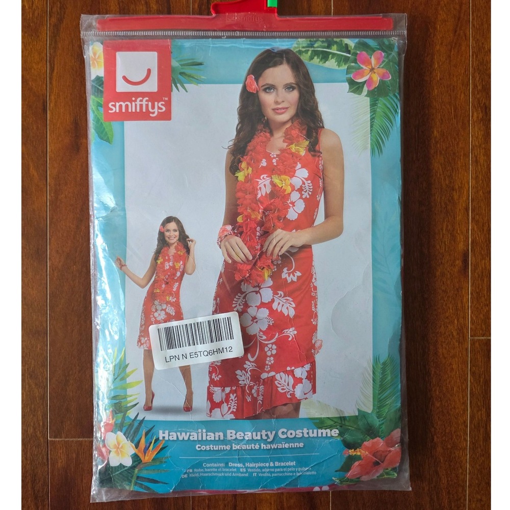 Smiffys Hawaiian Beauty Costume Red Floral Dress Hairpiece Bracelet Womens Med